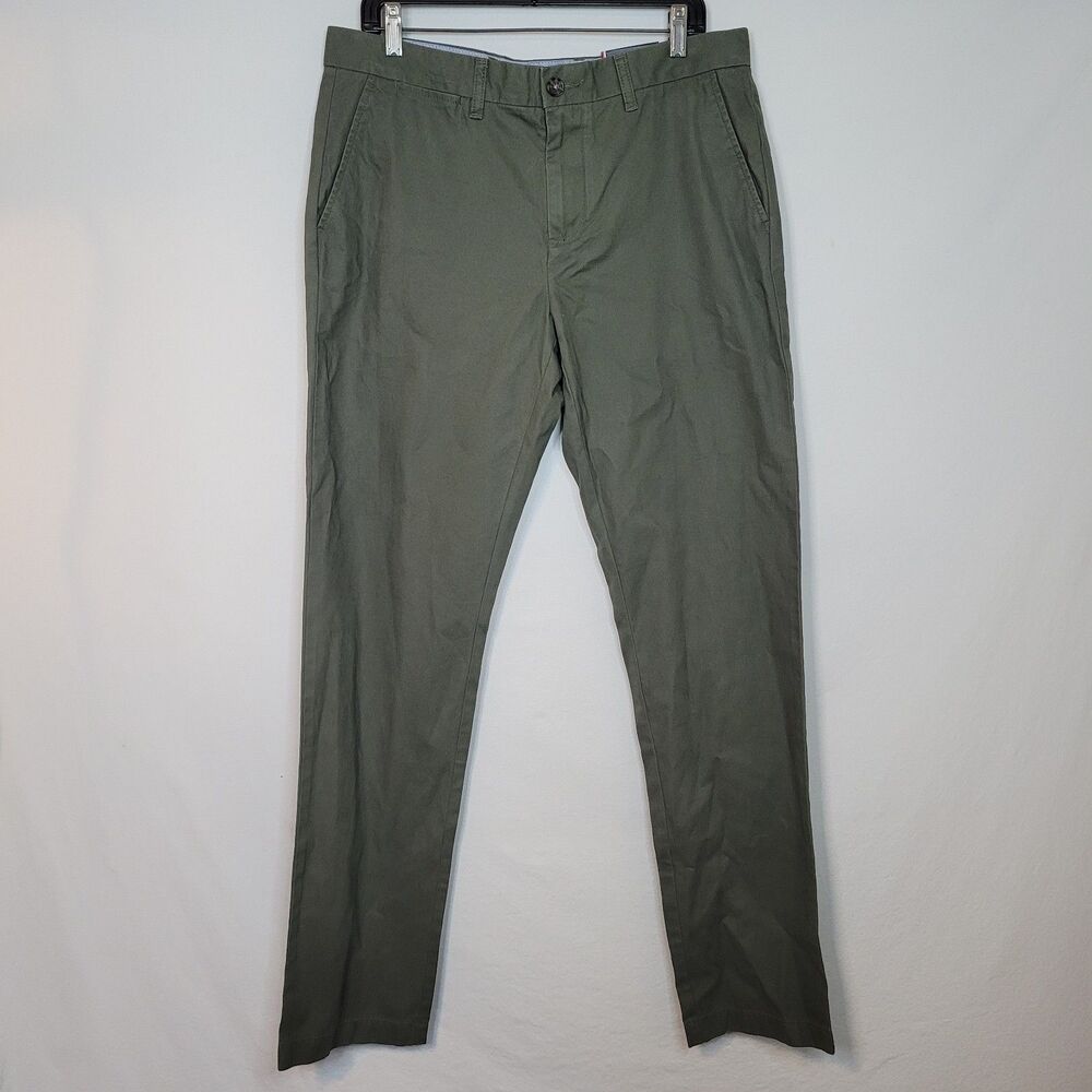 Tommy Hilfiger Mens Green Chino Pants Tag 33x34 Flat Front Preppy 100% Cotton